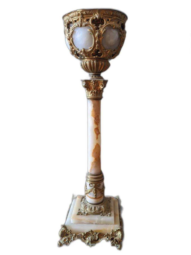 Лампа керосиновая или электрическая - основание из оникса и бронзы. Или подсвечник. Антикварное кашпо для цветов — изображение 6